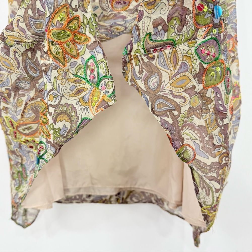 Strenesse Blue Brown Colorful Sequin Embroidered 100% Silk Paisley Floral Skirt - Picture 14 of 16